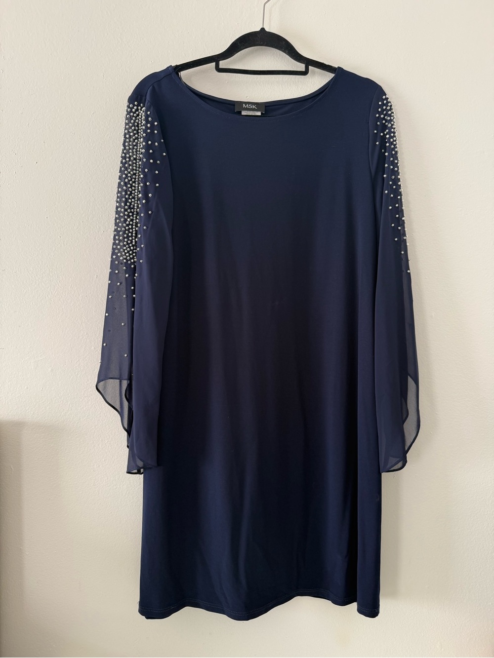 MSK Navy Pearl-Embellished Sheer-Sleeve Dress with slits on the arms